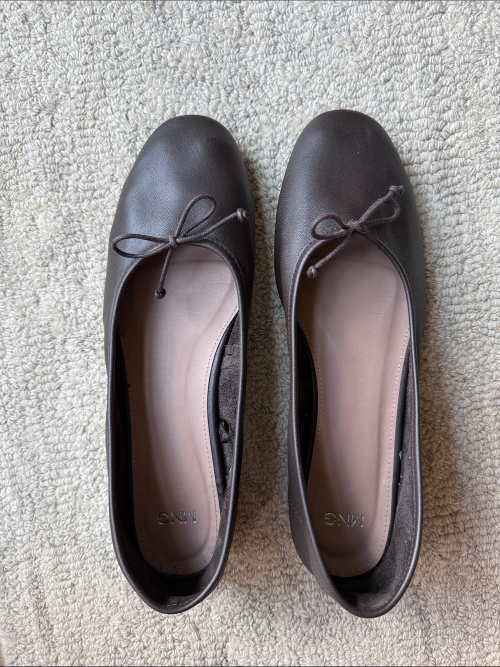 Mango Brown Leather Ballet Flats with bow detail
